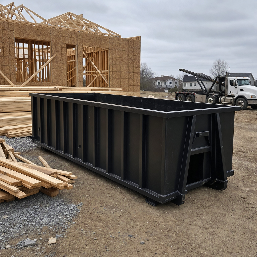 Matte-black 40-yard roll-off dumpster staged on a framed-out residential construction site in Estero, framing lumber stacked nearby, hooklift delivery truck visible in the background under bright Colorado daylight