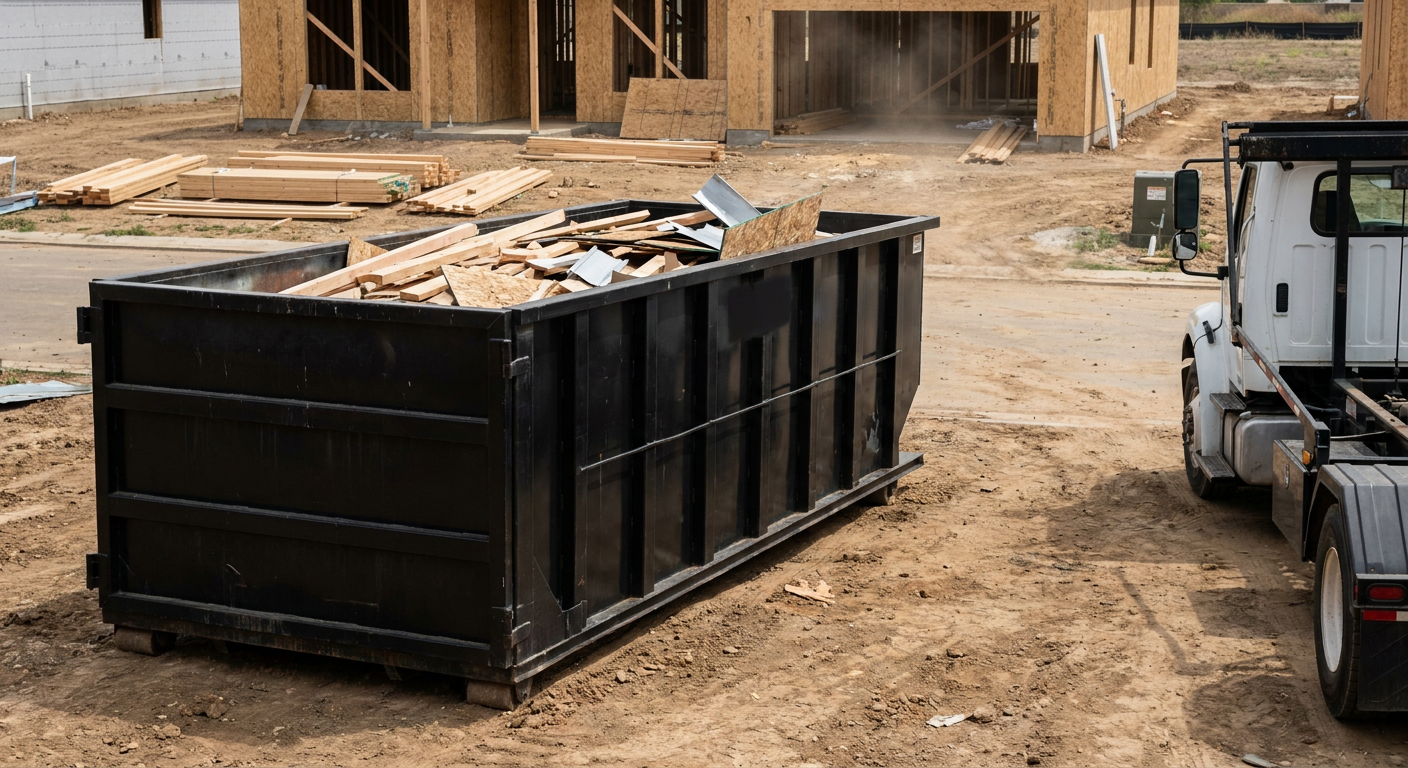 Matte-black 20-yard roll-off construction dumpster with heavy ribbed steel sidewalls and swing rear doors at a working jobsite in Estero, sitting directly on compacted dirt with an unmarked white hauler partially visible at the far edge of the frame.
