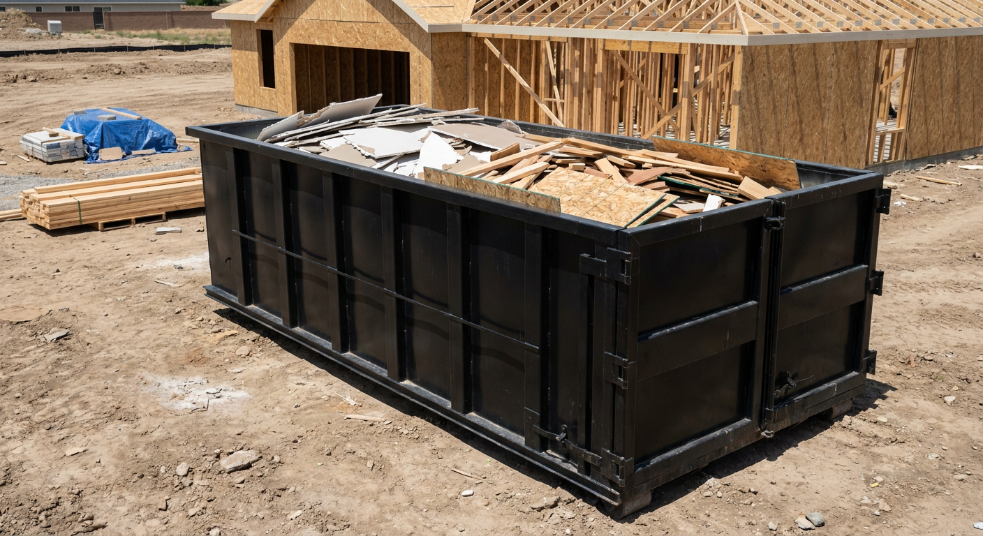 Matte-black 30-yard roll-off construction dumpster sitting directly on the compacted-dirt site of a framed single-family home build in Estero, drywall and lumber scrap loaded inside.