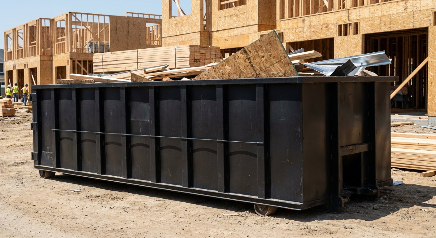 Matte-black 40-yard roll-off construction dumpster being lowered from a white-cab hooklift delivery truck onto the compacted-dirt jobsite at a commercial build site in Estero