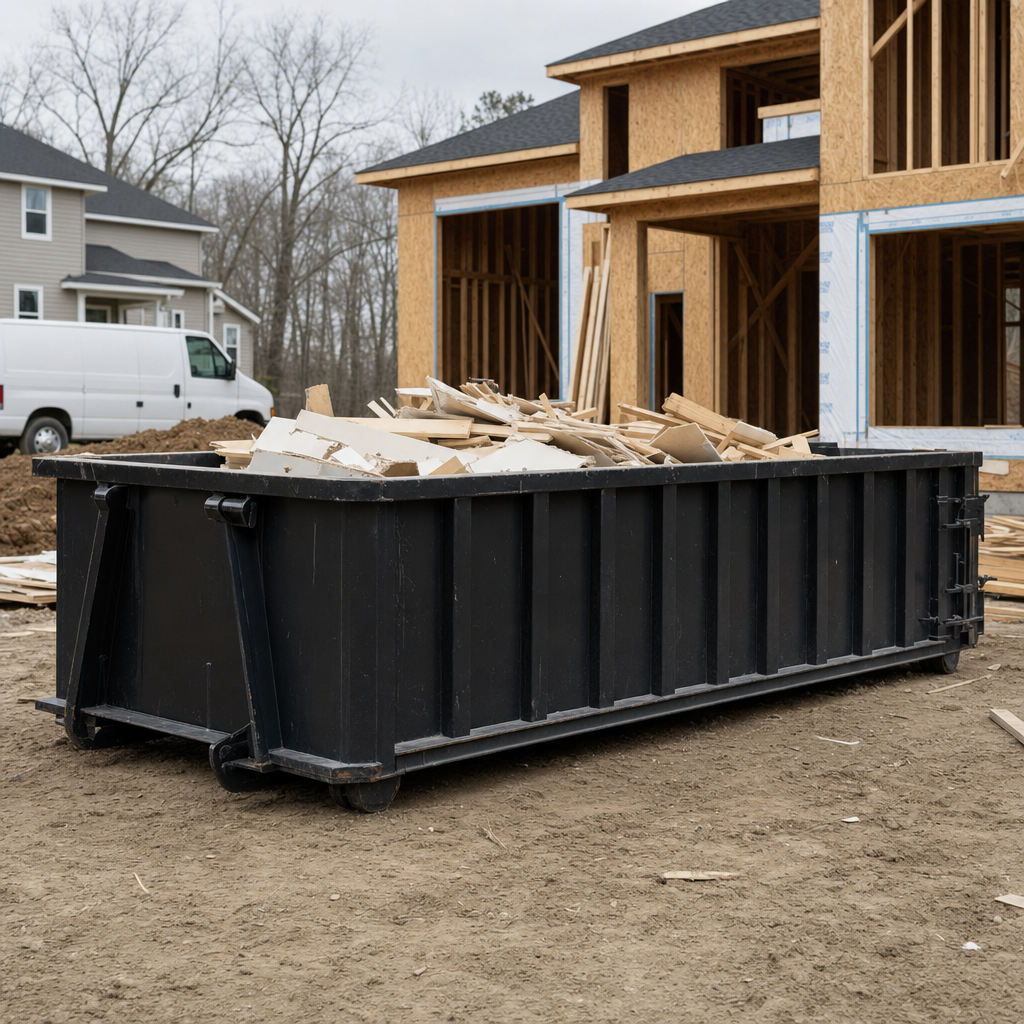 Worker in a yellow high-visibility vest tossing framing lumber and broken drywall into a matte-black 30-yard construction roll-off dumpster on an active build site in Estero, bright daylight