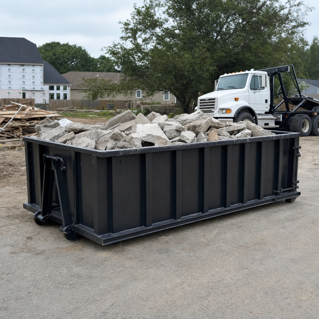 Low-profile matte-black lowboy roll-off dumpster loaded with broken concrete slab and rebar at a foundation tear-out in Estero, skid steer parked beside it, sunny Colorado morning
