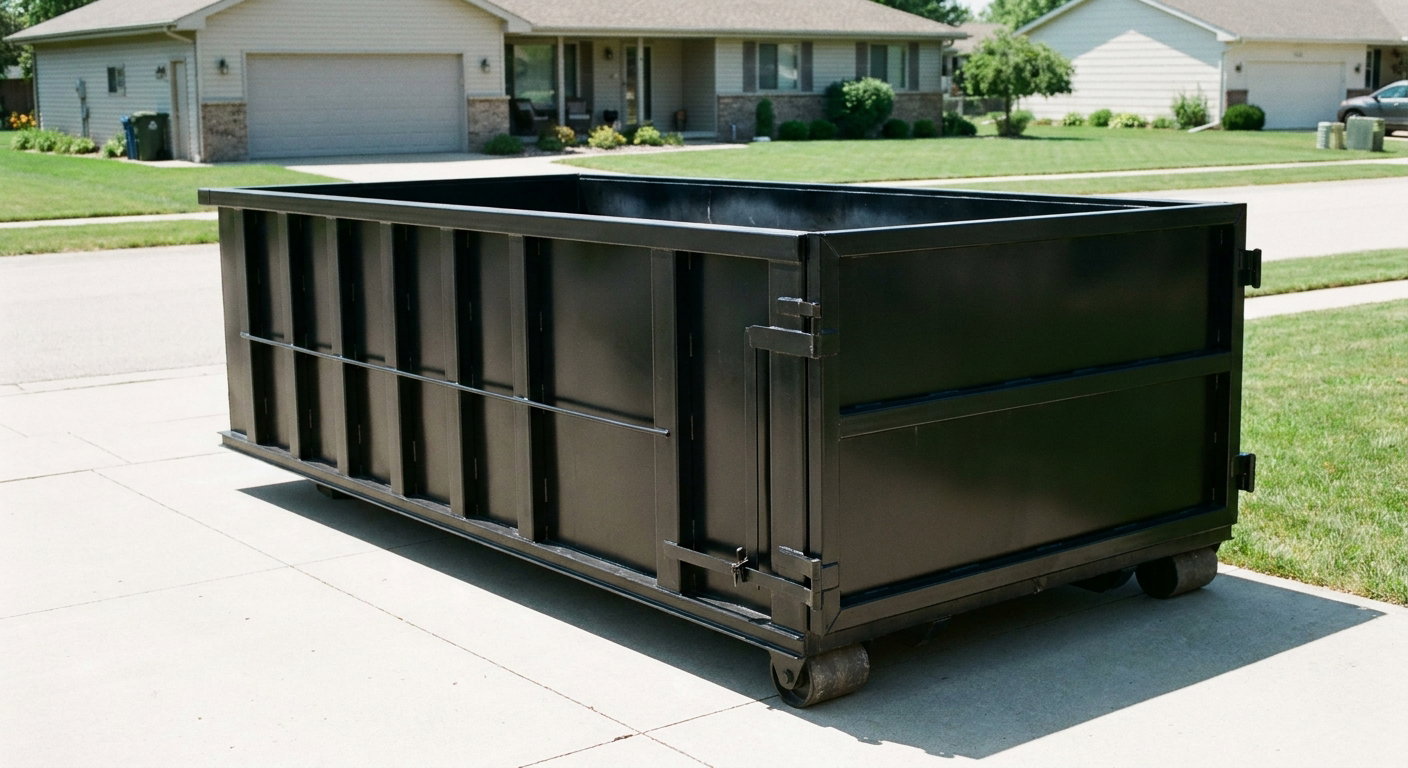 Matte-black 10-yard roll-off dumpster on a residential concrete driveway in Estero, uniformly painted matte black across every panel and rail, ribbed steel sidewalls and rear swing door visible, mid-day daylight.