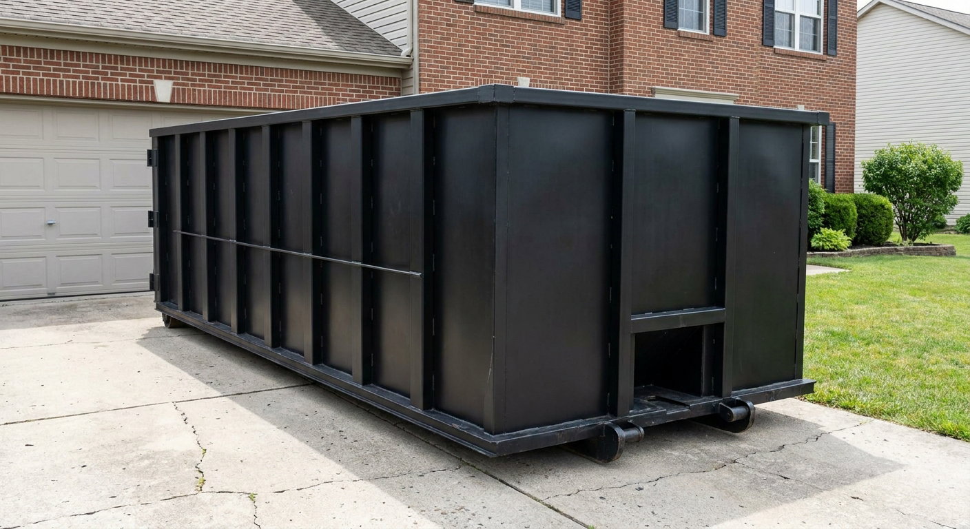 Matte-black 20-yard roll-off container on a Estero residential concrete driveway with reinforced ribbed steel sidewalls and a hinged rear walk-in door, clean bright daylight.