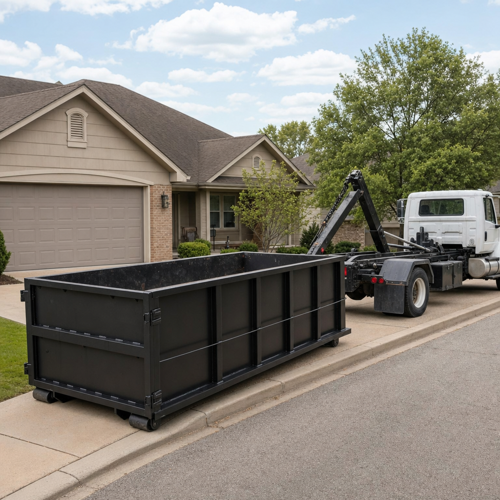 Wide documentary shot of a matte-black roll-off dumpster on a Estero residential driveway in the foreground and a contractor jobsite container in the soft-focus background, bright daylight, calm and orderly composition.