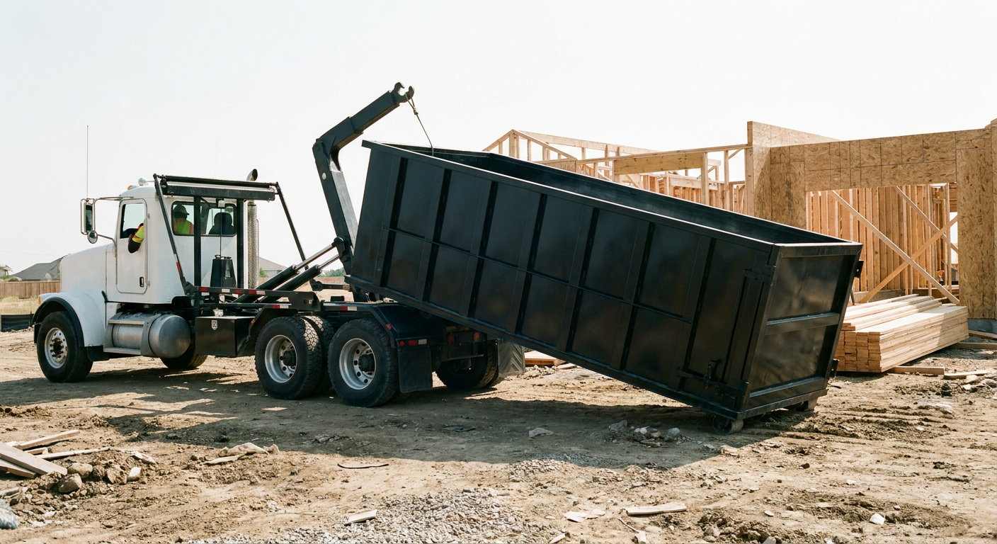Matte-black roll-off dumpster being delivered onto a clean residential concrete driveway in Estero by an unmarked white hooklift hauler truck, bright morning daylight, documentary 35mm perspective.