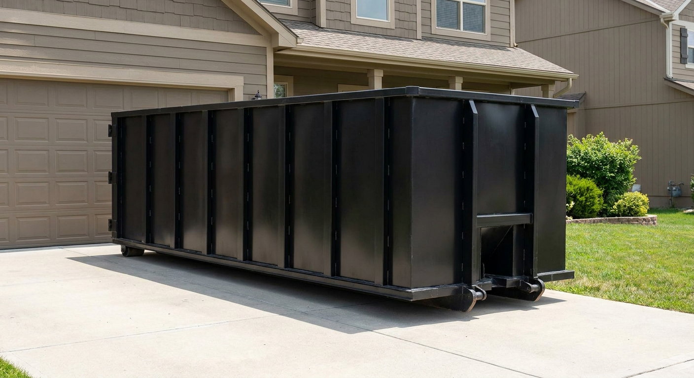 Matte-black residential roll-off dumpster sitting directly on a suburban Estero concrete driveway, garage door closed, single-family home in background, bright morning daylight.