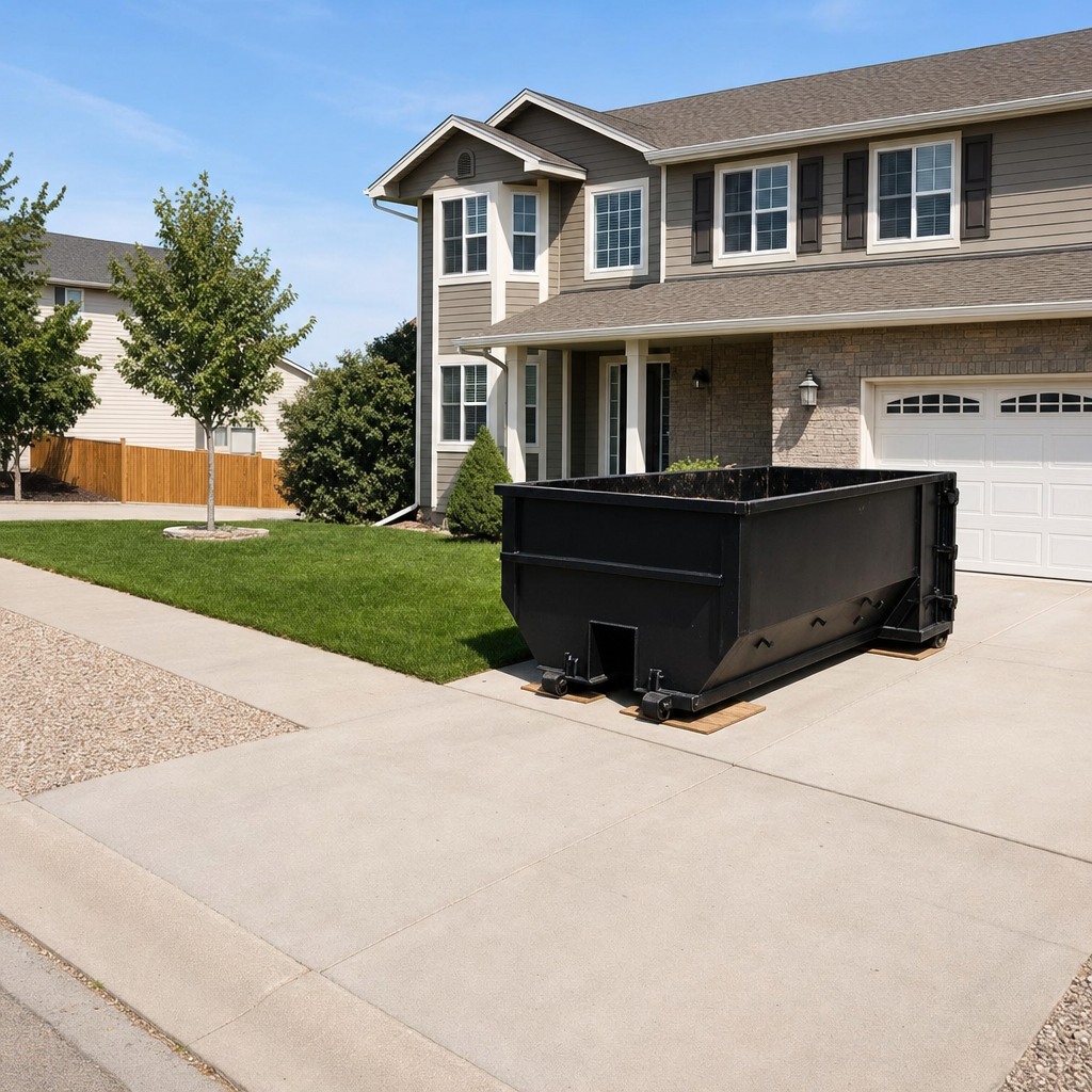 10-yard matte-black residential dumpster placed directly on a narrow Estero concrete driveway, room remains for a parked sedan beside it, mid-morning natural light