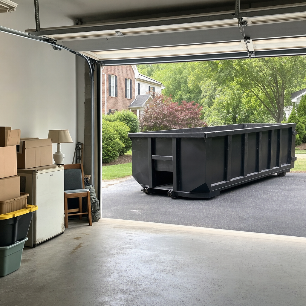 Open garage interior in a Estero home mid-cleanout — boxed items, an old appliance, and stacked yard tools queued near the driveway for a matte-black roll-off dumpster, organized and calm