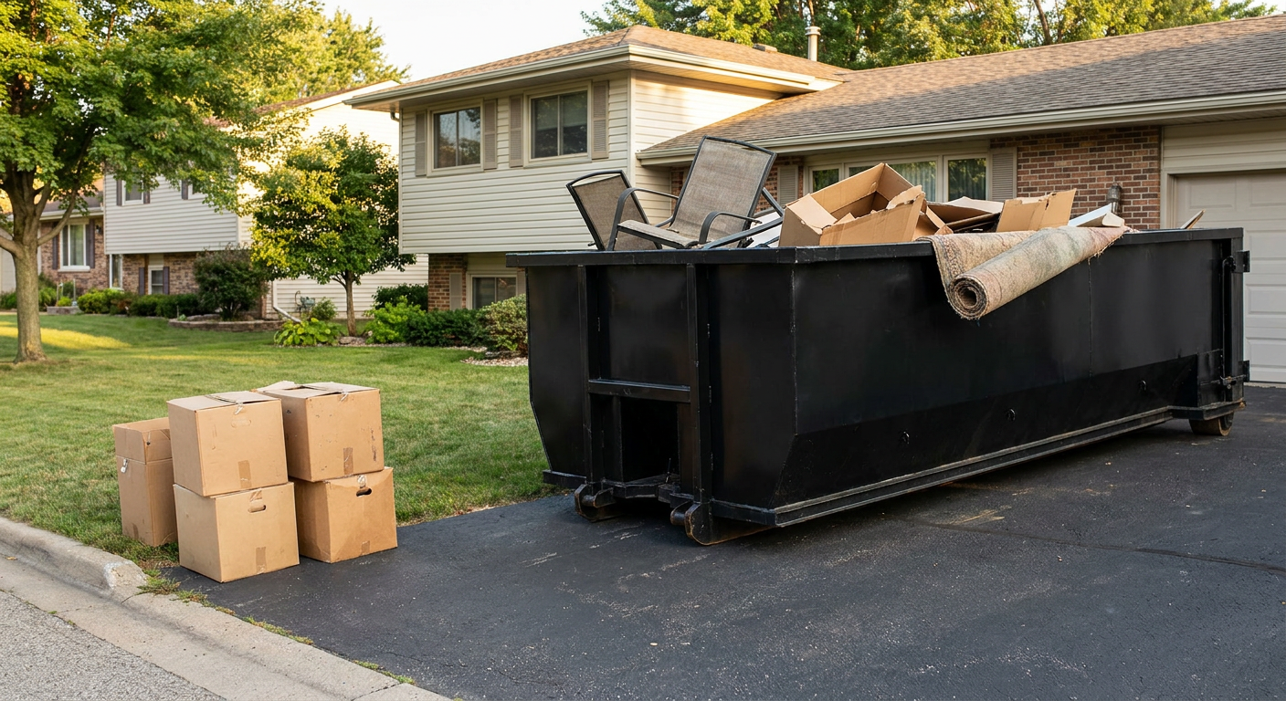 Front-yard view of a Estero split-level home with a 20-yard matte-black roll-off dumpster sitting directly on the asphalt driveway, a few clearly labeled donation boxes staged at the curb, calm sunny afternoon.