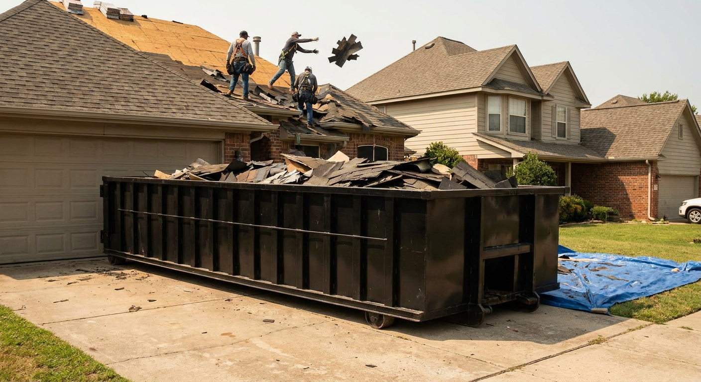 Matte-black roofing roll-off dumpster placed directly on a Estero residential concrete driveway, a tear-off crew on a two-story asphalt-shingle roof tossing shingle bundles into the low-walled container, bright daylight, documentary 35mm perspective.