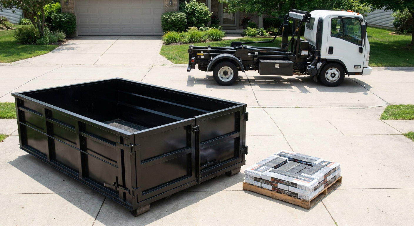 Matte-black 15-yard roofing roll-off dumpster with reinforced low side walls sitting directly on a Estero residential concrete driveway, three-tab asphalt shingle bundles stacked nearby, an unmarked white hauler truck partially visible at the edge of the frame.