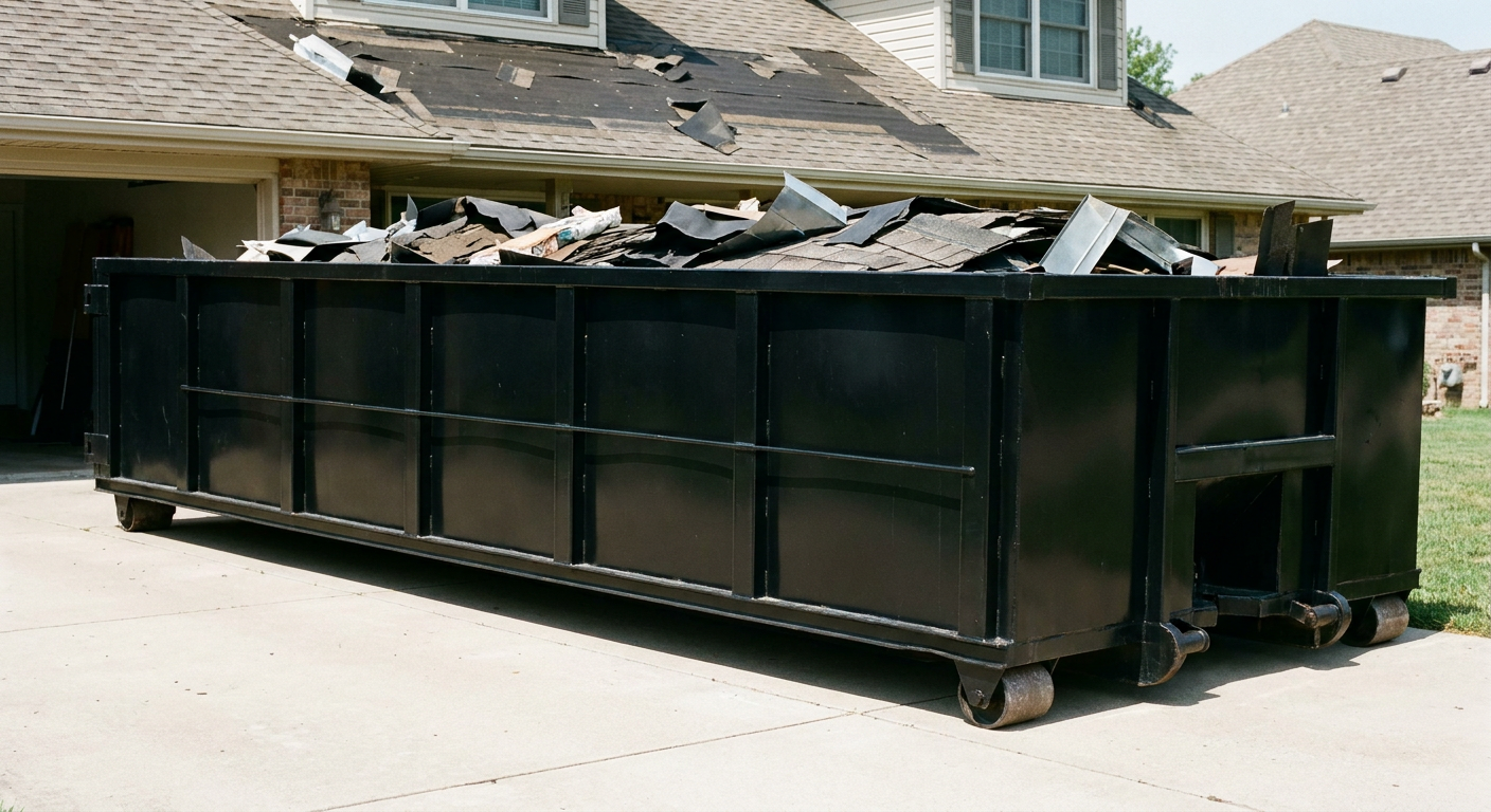 Matte-black 20-yard roofing roll-off dumpster with steel ribbed sides and swinging rear door, sitting directly on the concrete driveway of a two-story Estero home, asphalt shingle debris being loaded over the low wall, clean documentary lighting.