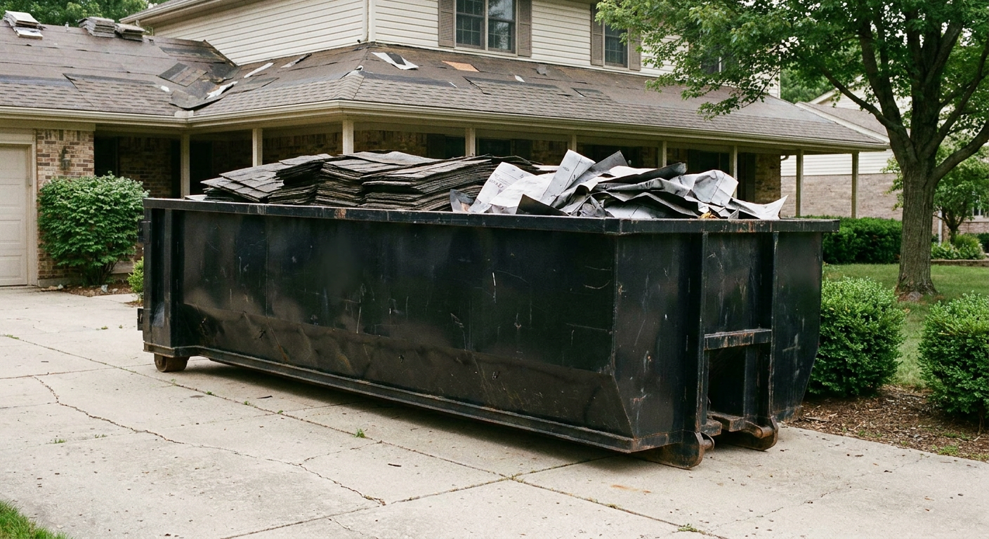 Matte-black 30-yard roofing roll-off dumpster sitting directly on a Estero concrete driveway, taller ribbed steel side panels, mixed tear-off debris of asphalt shingles and underlayment inside, professional documentary daylight.