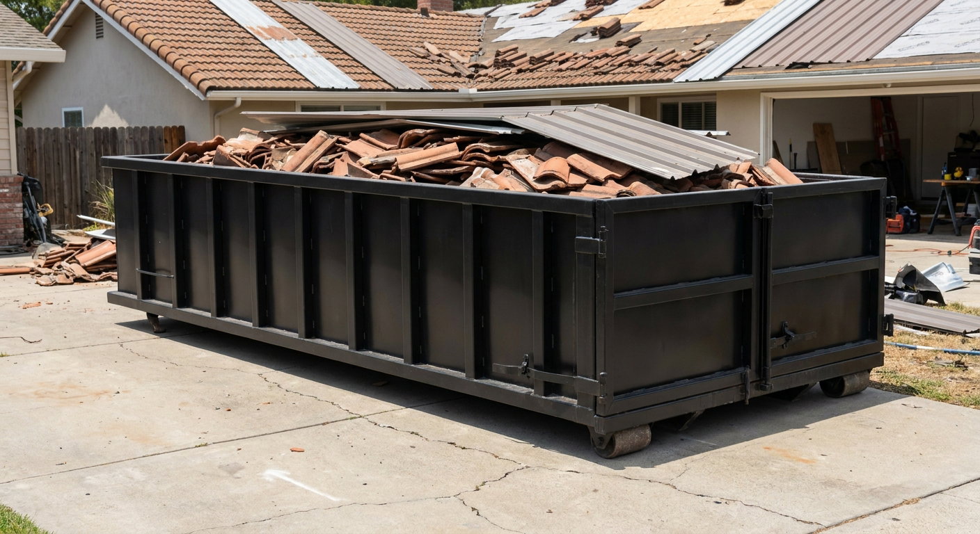 Matte-black low-wall heavy-debris roofing roll-off dumpster sitting directly on a Estero concrete driveway, broken concrete clay roof tiles and metal panel sections loaded inside, reinforced ribbed steel side walls visible, bright outdoor daylight.