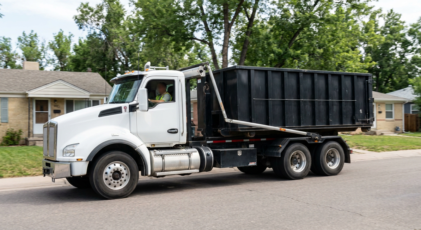 A wide documentary shot of a matte-black roll-off delivery truck pulling onto a quiet Estero residential street at mid-morning, with neighborhood rooftops and tree-lined blocks visible behind, showing the metro coverage footprint.