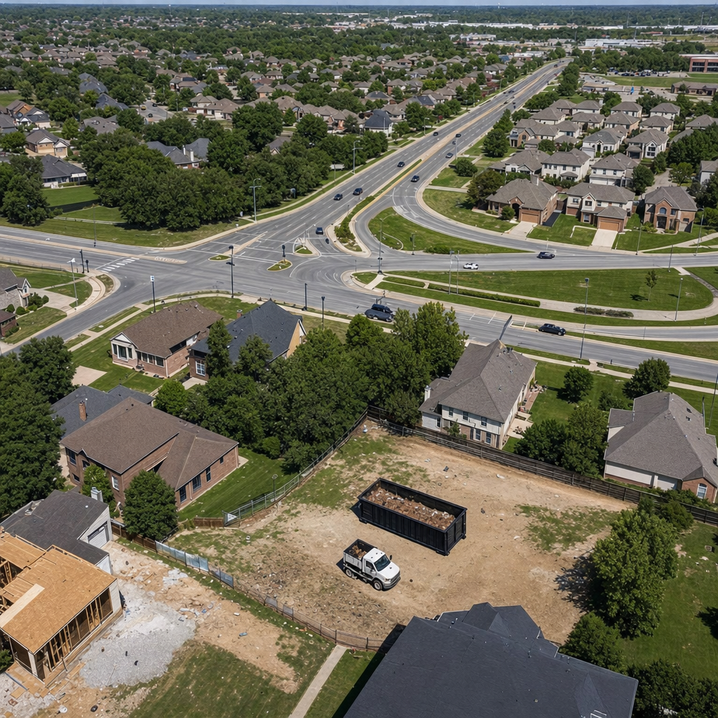 An overhead documentary view of the Estero metro area at midday, showing the spread of neighborhoods, arterial roads, and the dispatch radius from a central yard — clean daylight, organized geographic layout.