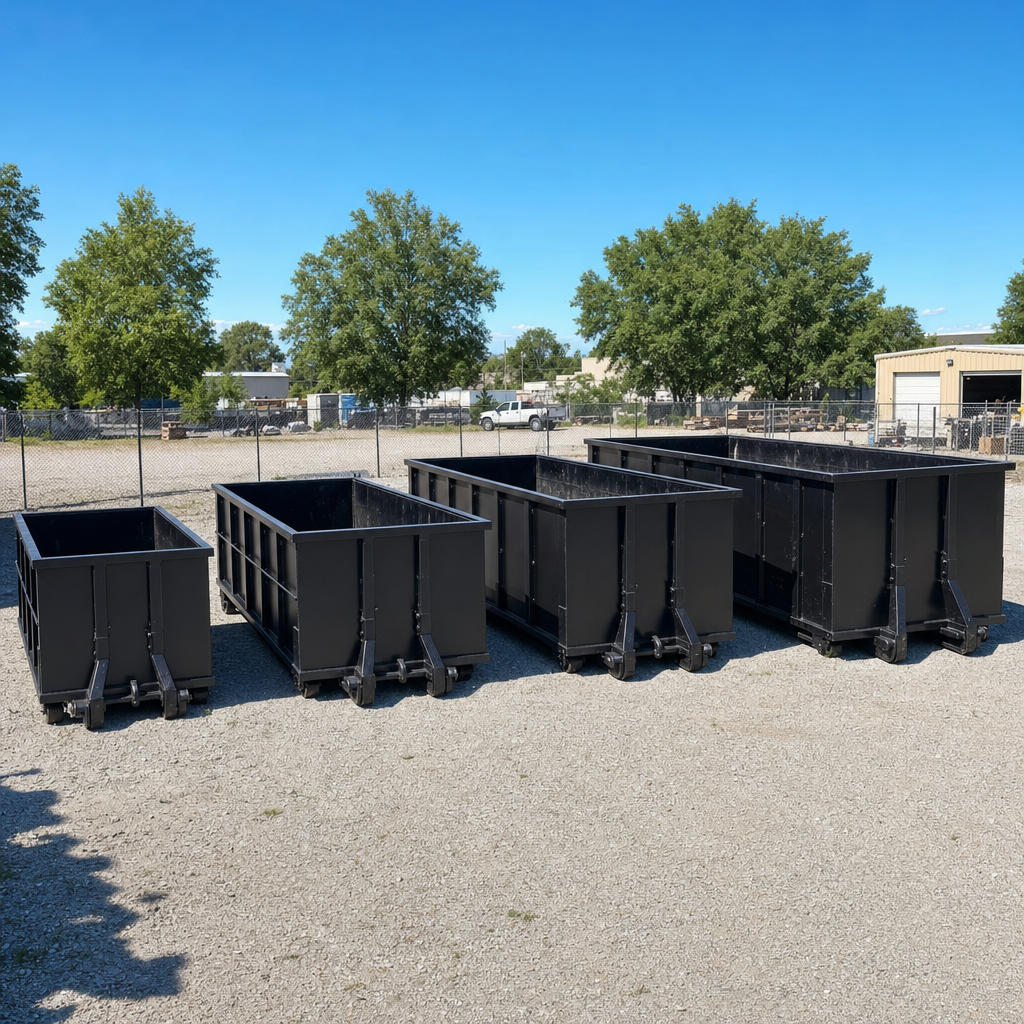 A clean lineup of matte-black roll-off dumpsters in 10, 20, 30, and 40-yard sizes staged on a sunlit gravel yard in Estero, showing the size progression from compact to commercial-scale containers.