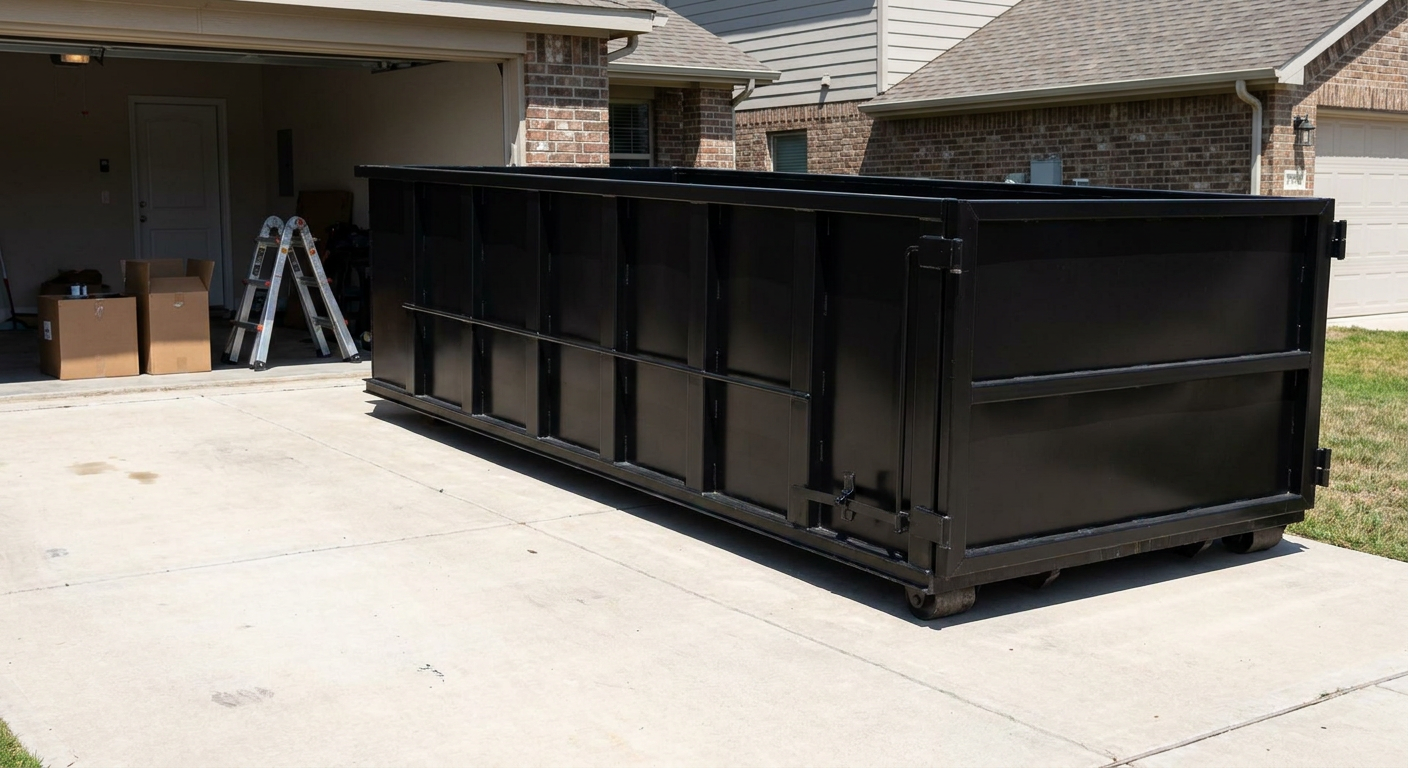 A matte-black 10-yard roll-off dumpster sitting directly on a residential Estero concrete driveway, mid-day sunlight, clean and ready for a garage cleanout.