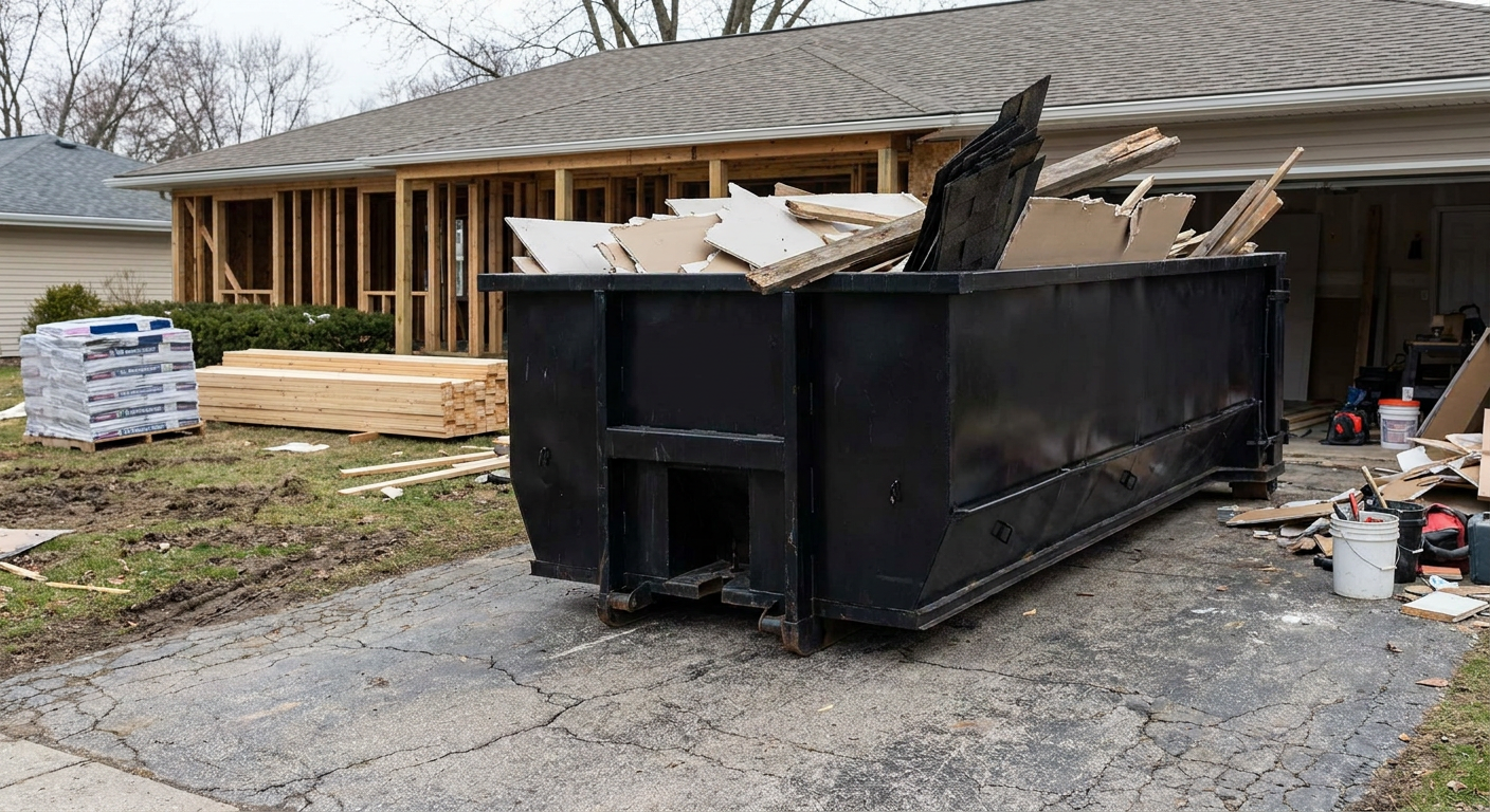 A matte-black 20-yard roll-off dumpster placed alongside a mid-renovation Estero home directly on the asphalt driveway, with framing materials and torn-off shingles staged neatly nearby.
