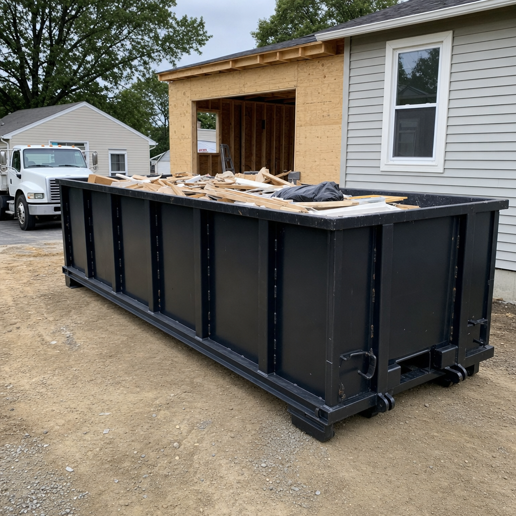 A matte-black 30-yard roll-off dumpster positioned at a Estero residential addition jobsite, with framing lumber and drywall scraps loaded through the open swinging rear doors.