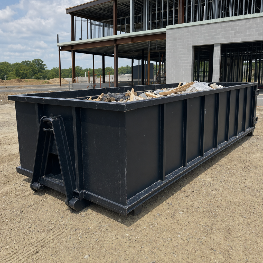A matte-black 40-yard roll-off dumpster staged on a large Estero commercial construction lot, with a hooklift delivery truck parked alongside under bright midday sky.