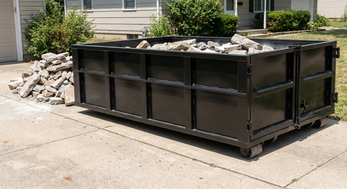 A matte-black low-side heavy-debris roll-off dumpster placed directly on a Estero concrete driveway, with broken concrete chunks neatly stacked beside it under clean daylight.